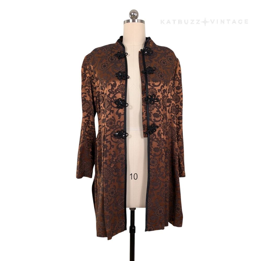 Vintage Duster Jacket 14P Copper Brown Black Asian Brocade Frog Floral Long